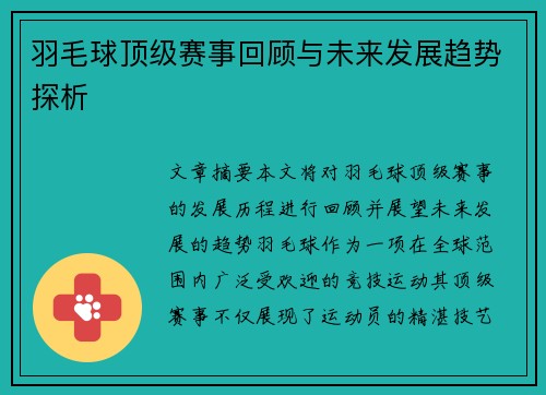 羽毛球顶级赛事回顾与未来发展趋势探析