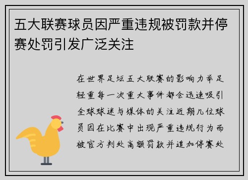 五大联赛球员因严重违规被罚款并停赛处罚引发广泛关注